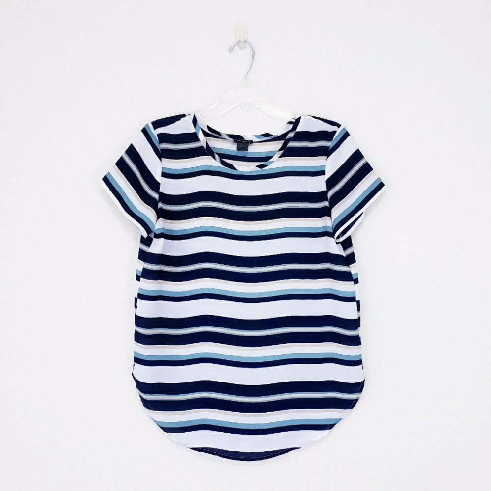 Ann Taylor Striped Rounded Hem Blouse Navy Blue Beige White Colorblock Small